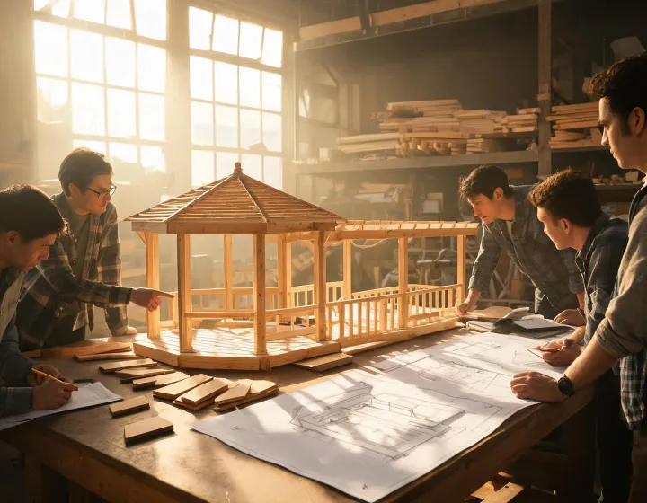 Yardistry design team reviewing a cedar gazebo model