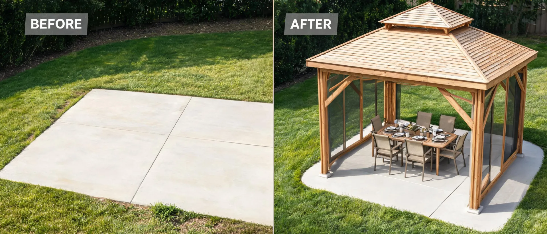 Unplanned patio compared with organized Yardistry gazebo collection
