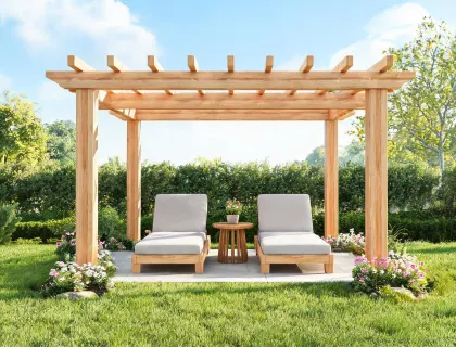 Cedar pergola over a garden lounge