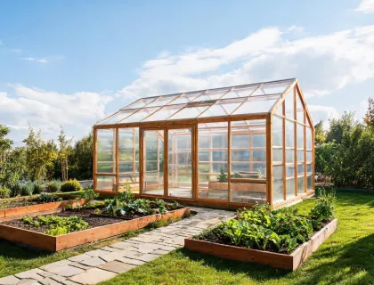 Cedar greenhouse in a backyard garden