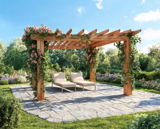 Meridian pergola on stone patio