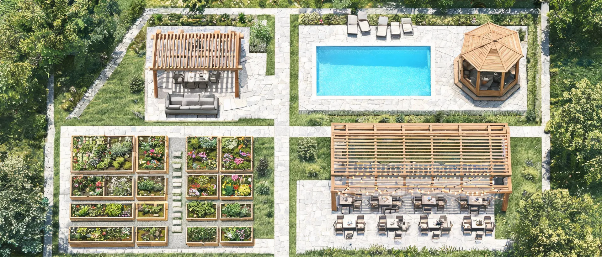 Map-style view of outdoor spaces using gazebo and pergola kits