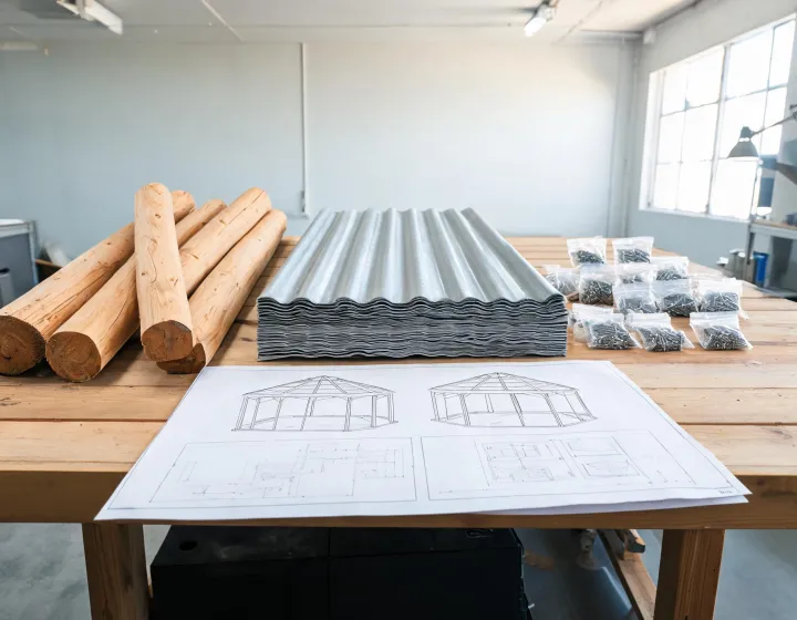 Technician reviewing gazebo assembly drawings beside cedar components